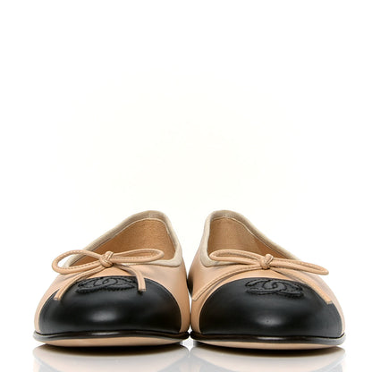 Chanel Lambskin Cap Toe CC Ballerina Flats 39.5 Beige Black 2 of 4
