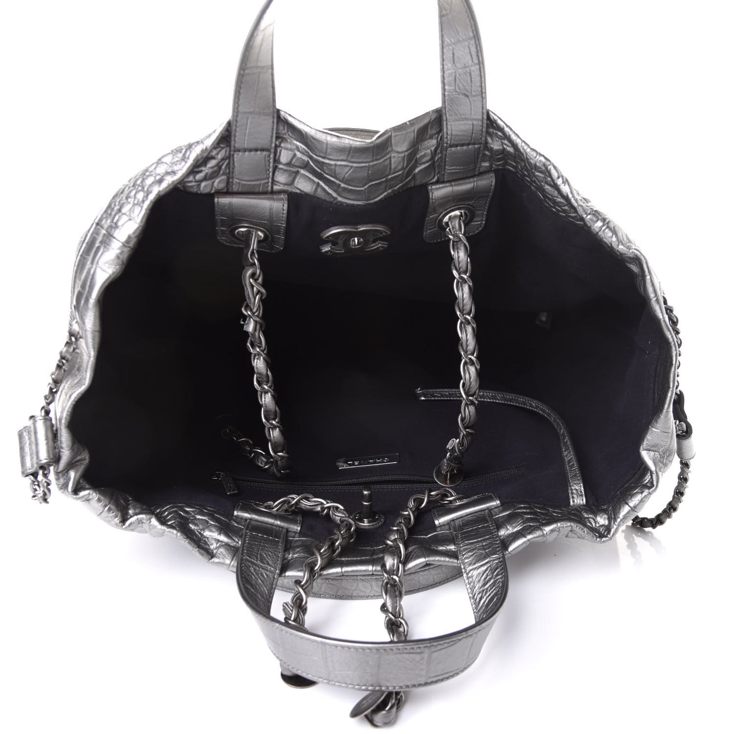 Calfskin Crocodile Embossed Large Shopping Tote Silver