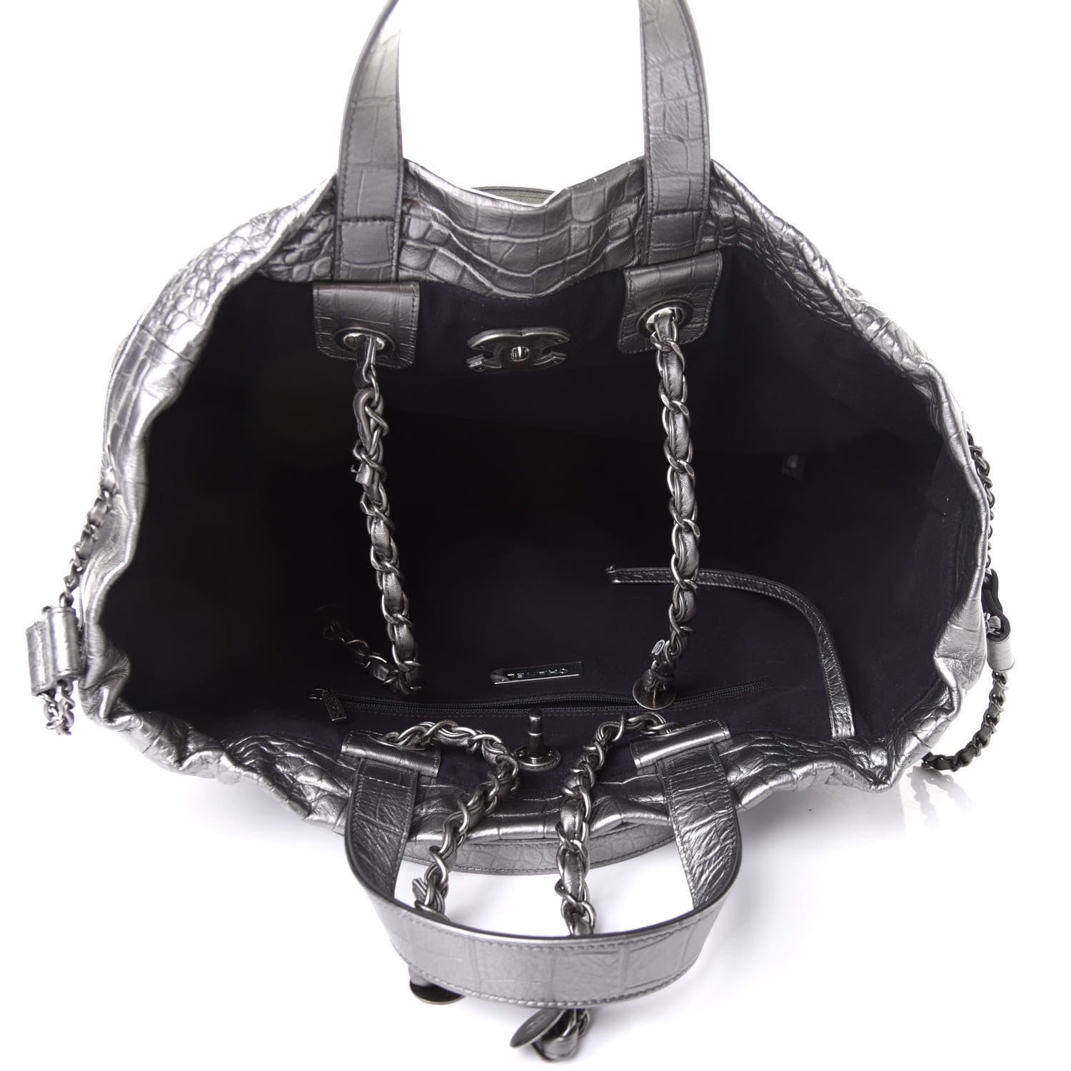 Chanel Calfskin Crocodile Embossed Large Shopping Tote Silver 4 of 11