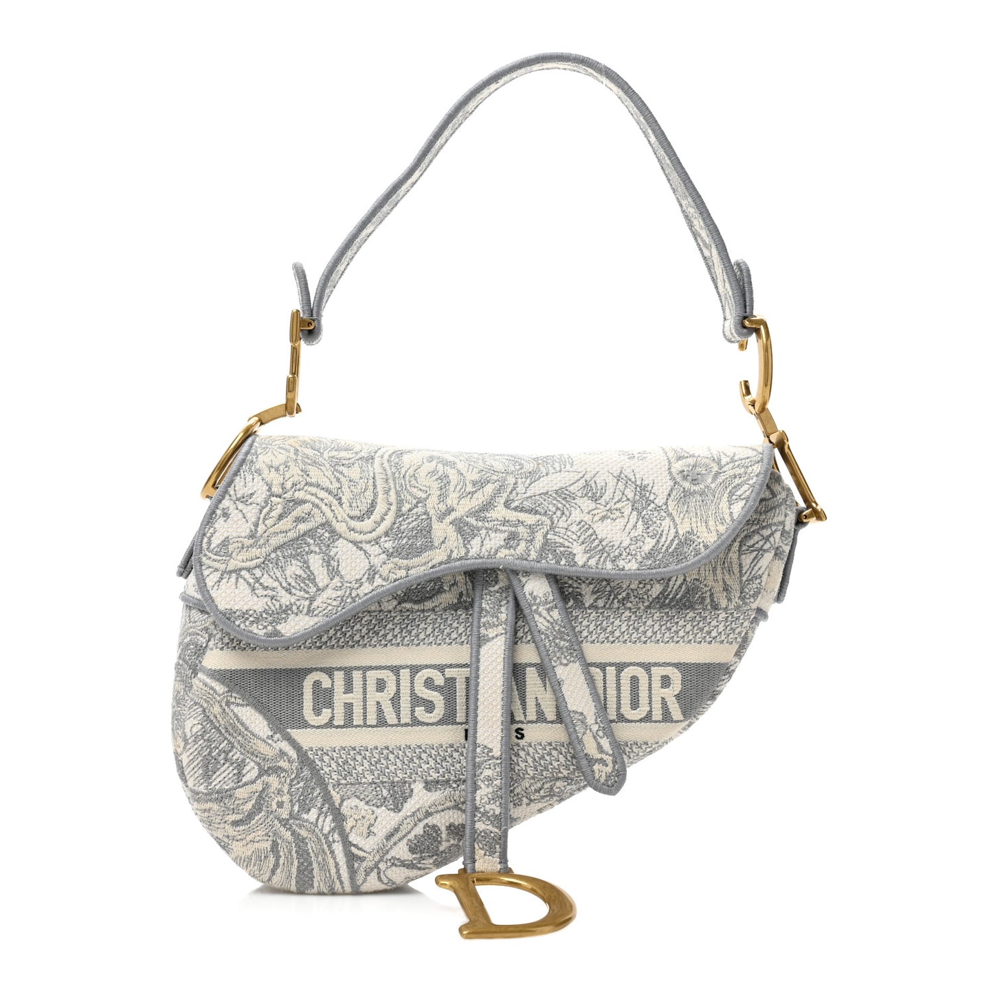 Canvas Embroidered Toile de Jouy Saddle Bag Gray