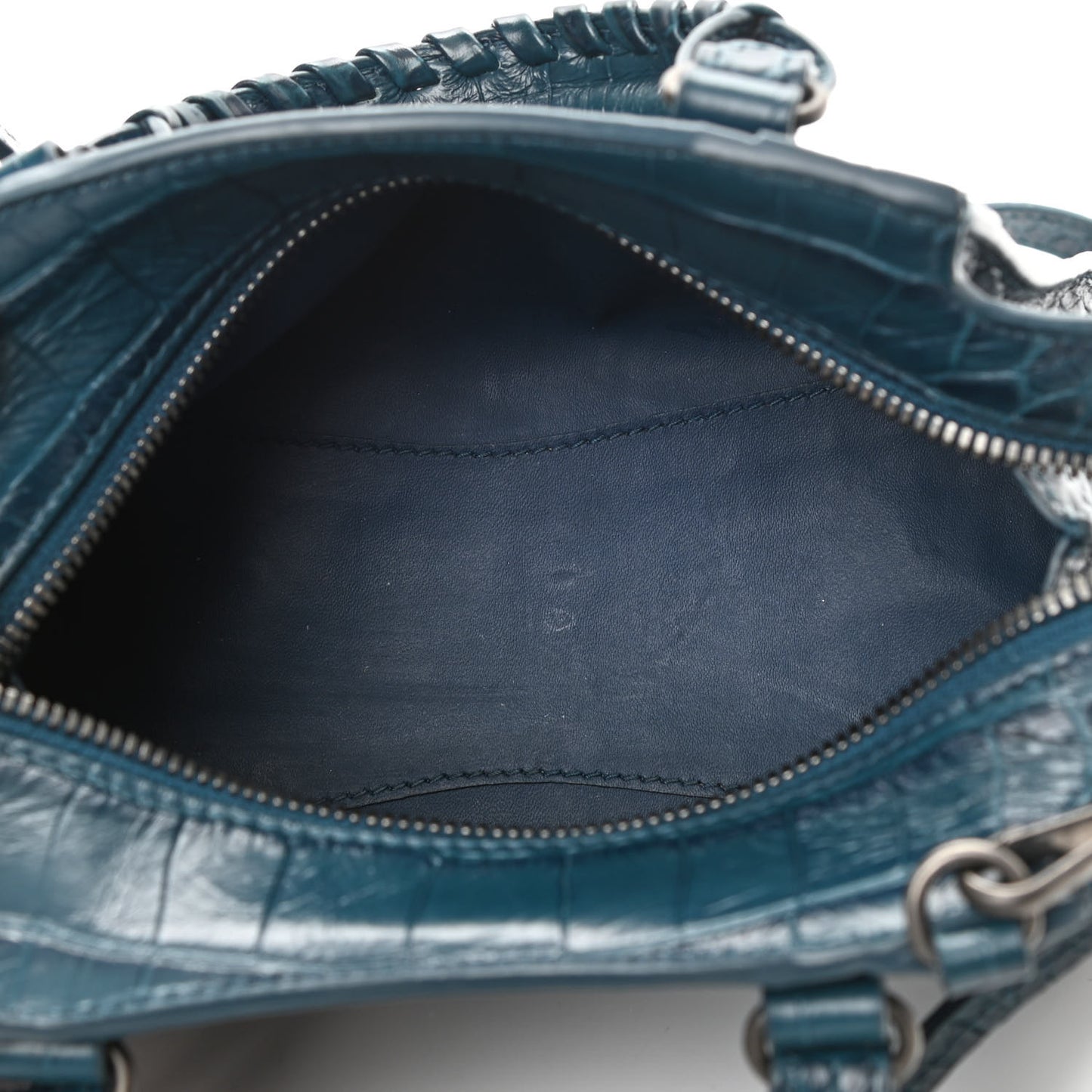 Calfskin Crocodile Embossed Neo Classic Silver Hardware Mini City Dark Petrol Blue