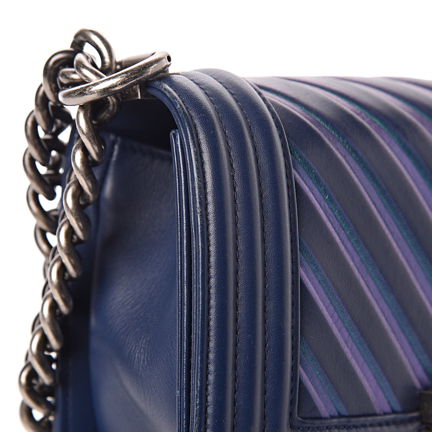 Calfskin Painted Chevron Embossed Small Boy Flap Dark Blue