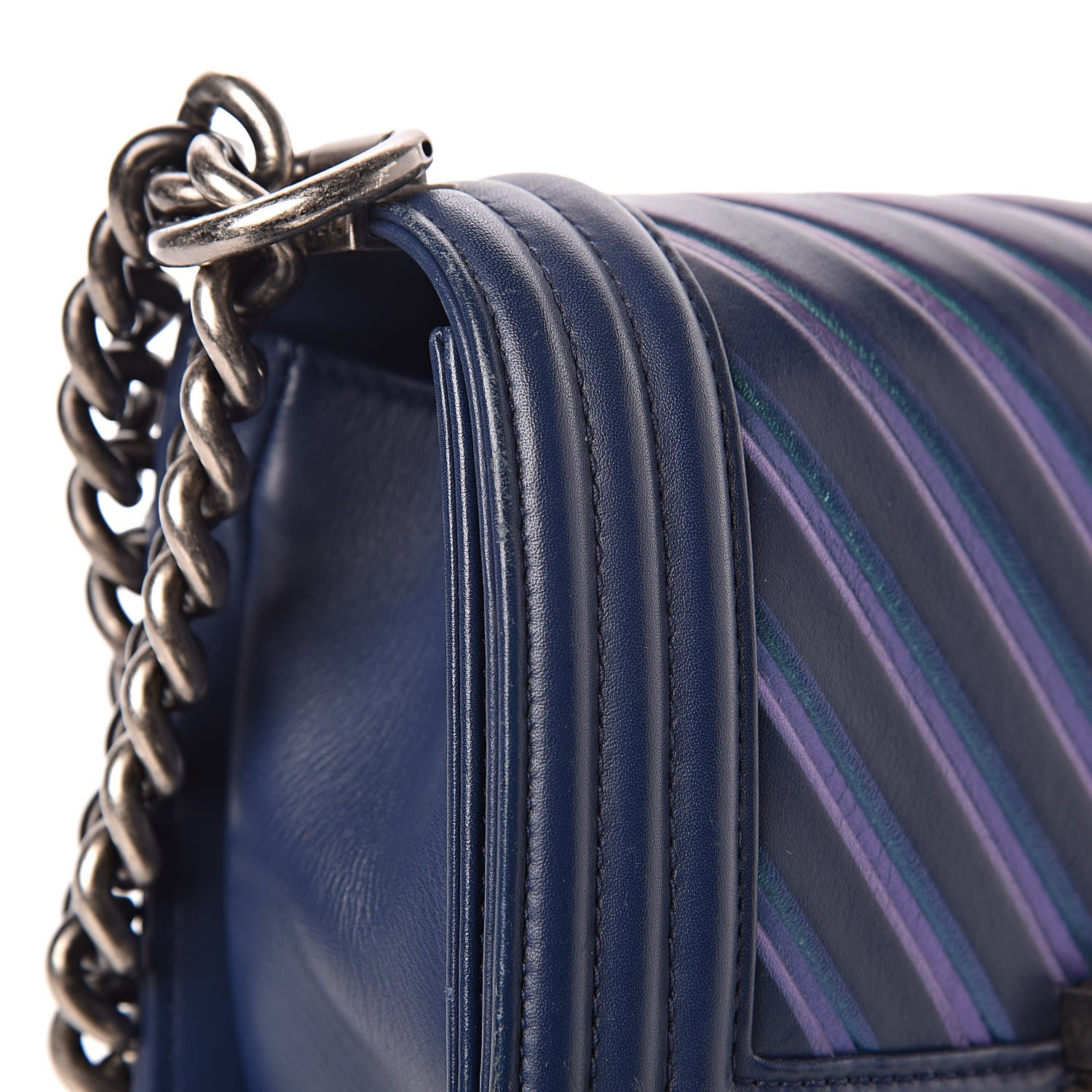 Chanel Calfskin Painted Chevron Embossed Small Boy Flap Dark Blue 13 of 18