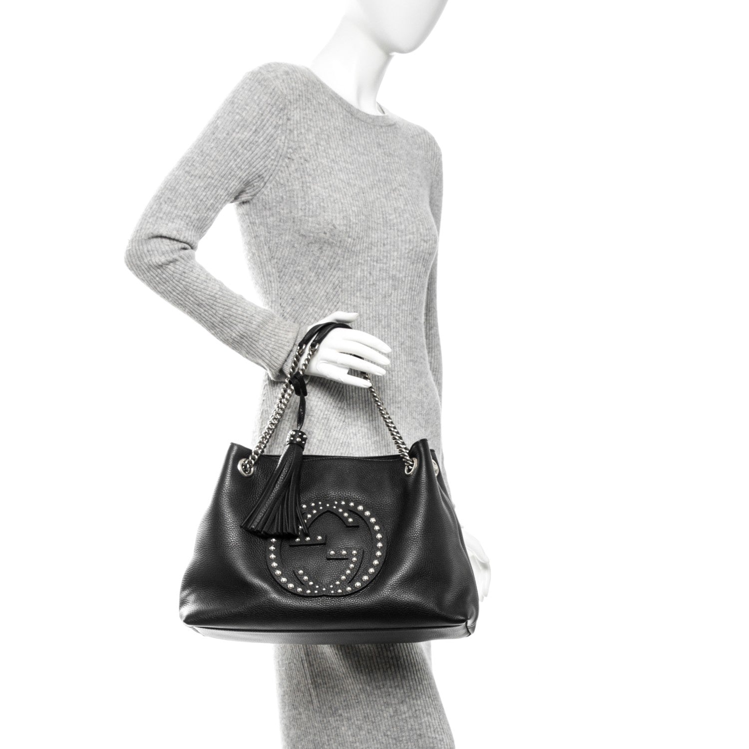 Gucci Pebbled Calfskin Studded Medium Soho Chain Shoulder Bag Black 2 of 6