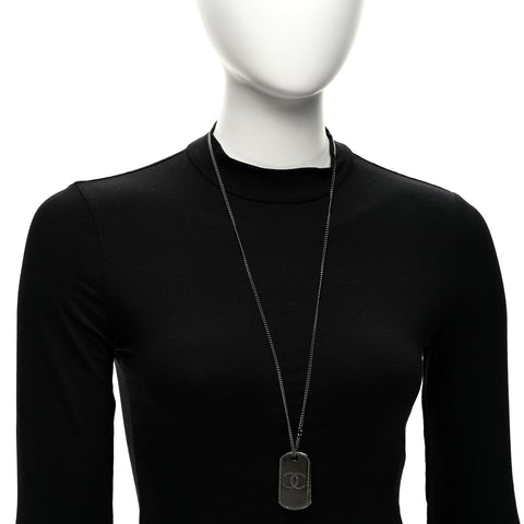 Metal Crystal Ruthenium Dog Tag Charm Necklace Black