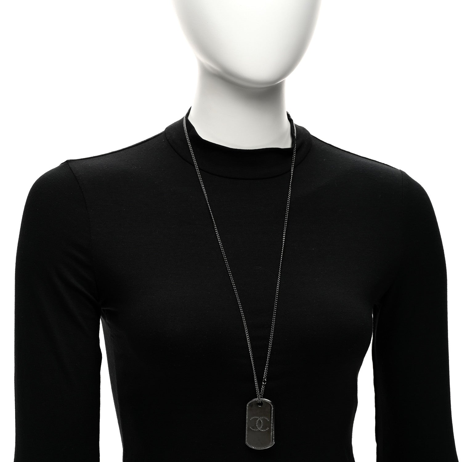Chanel Metal Crystal Ruthenium Dog Tag Charm Necklace Black 2 of 5