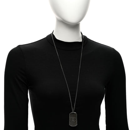 Chanel Metal Crystal Ruthenium Dog Tag Charm Necklace Black 2 of 5