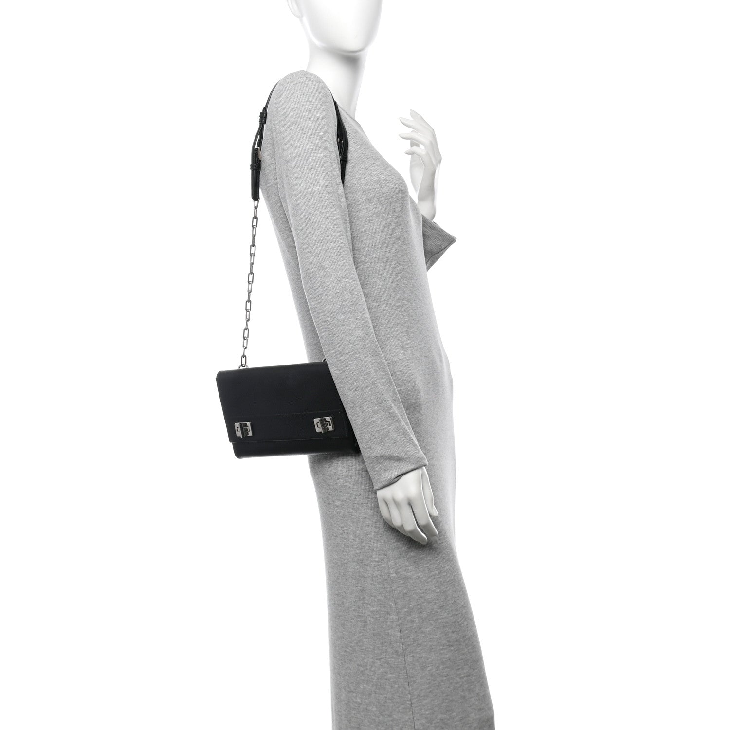 Prada Saffiano Cuir Twist Lock Chain Flap Crossbody Bag Black 2 of 11