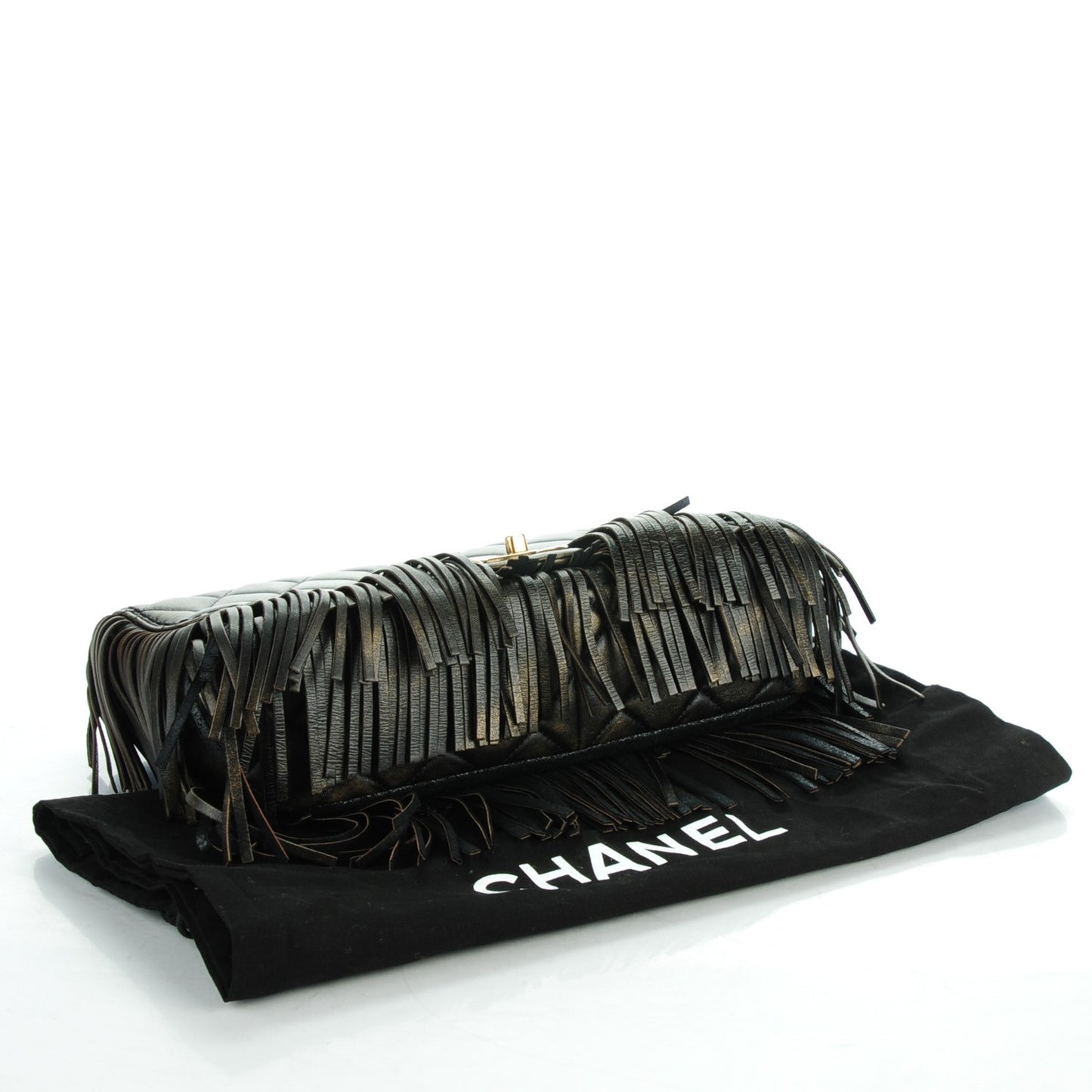 Metallic Calfskin Quilted Large Into The Fringe Flap Black