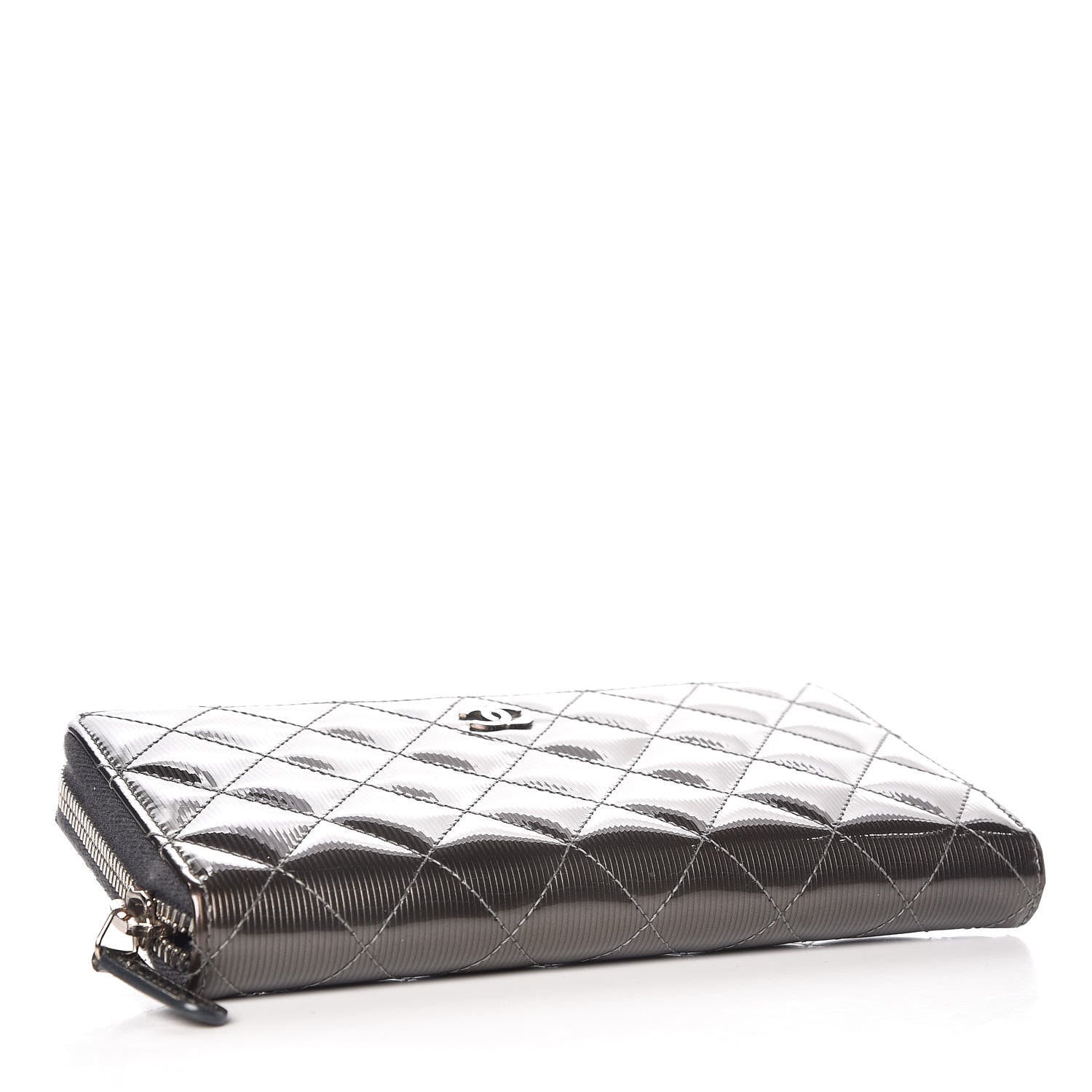 Chanel Striated Patent Zip Around Wallet Dark Grey 4 of 8