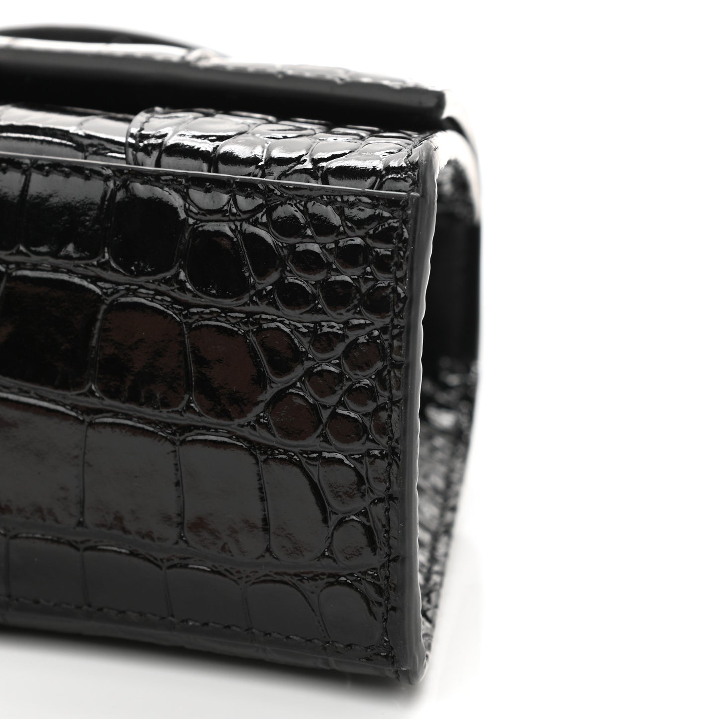 Shiny Calfskin Monochrome Crocodile Embossed Hourglass Top Handle Bag XS Black
