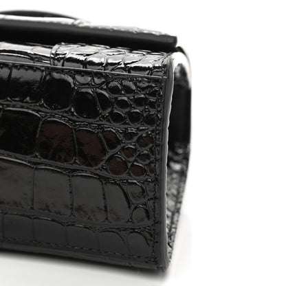 Balenciaga Shiny Calfskin Monochrome Crocodile Embossed Hourglass Top Handle Bag XS Black 10 of 11