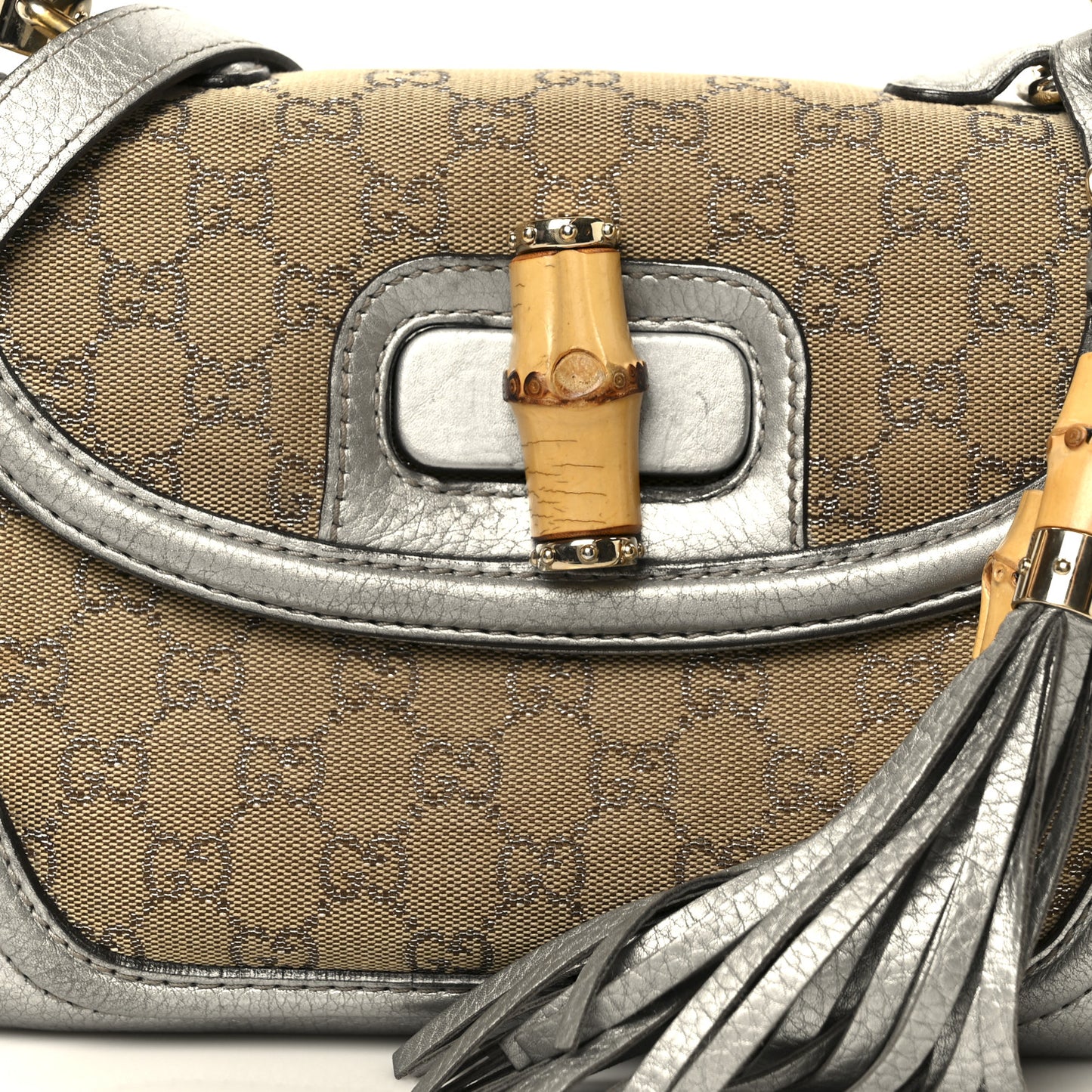 Monogram Metallic Calfskin Medium New Bamboo Top Handle Bag Silver Beige
