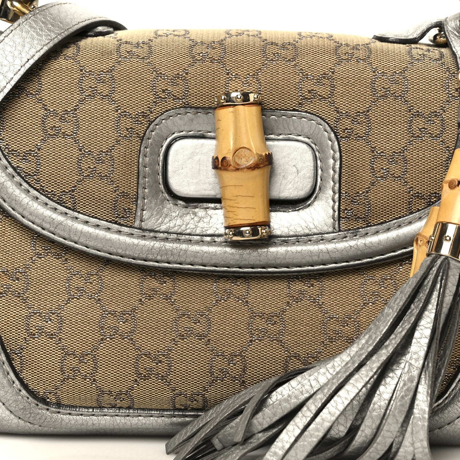 Gucci Monogram Metallic Calfskin Medium New Bamboo Top Handle Bag Silver Beige 9 of 11
