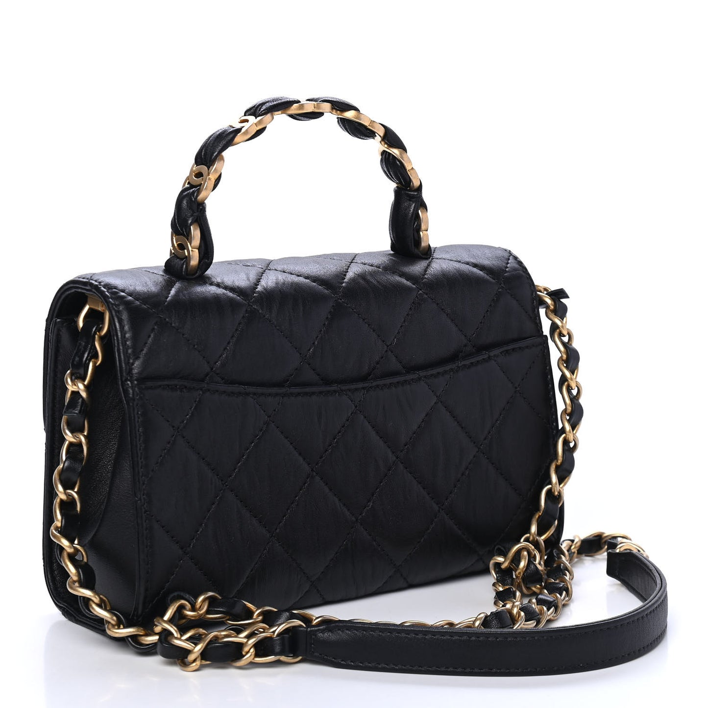 Crumpled Lambskin Quilted Mini CC Links Top Handle Flap Black