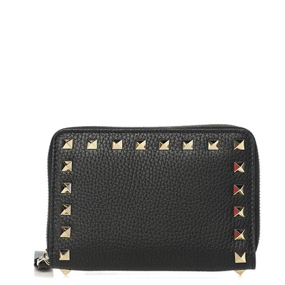 Valentino Garavani Pebbled Calfskin Medium Rockstud Organizer Zip Around Wallet Black 1 of 6