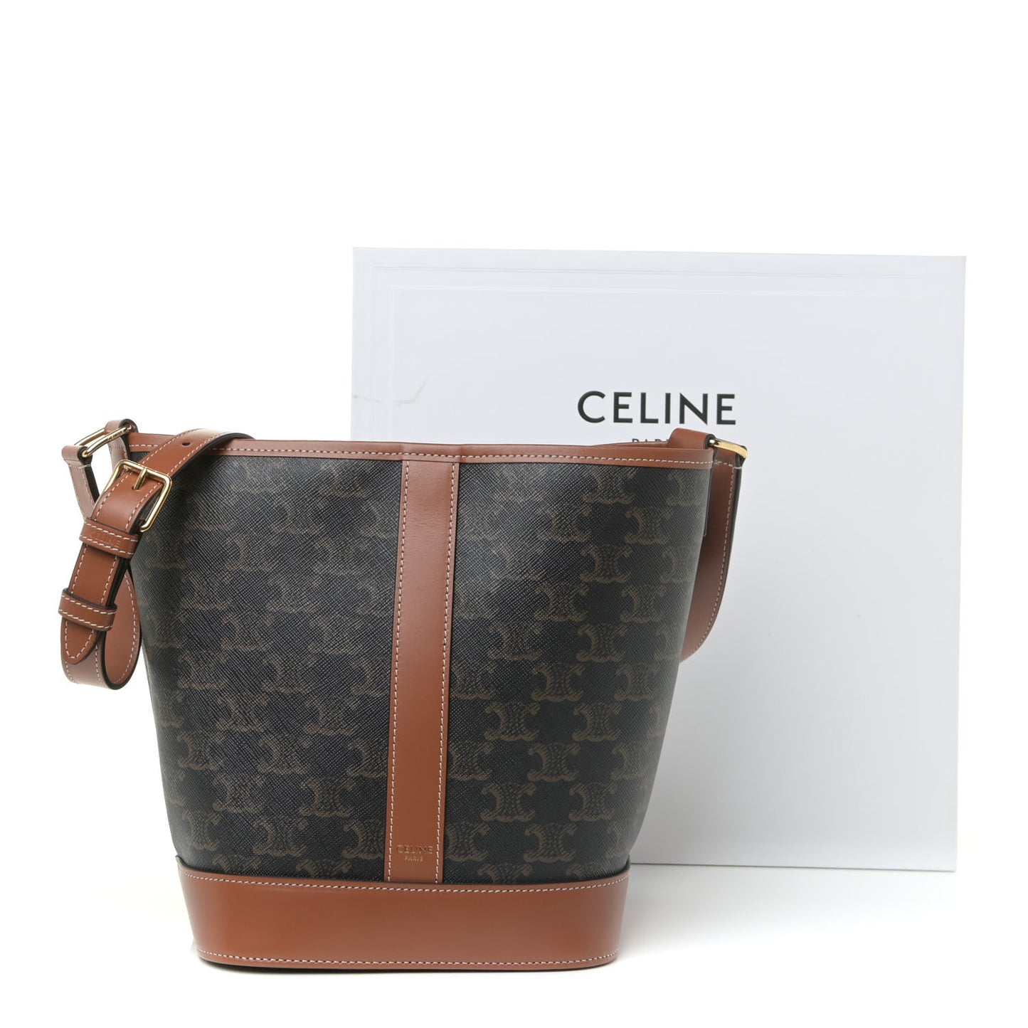 Triomphe Canvas Calfskin Small Bucket Bag Tan
