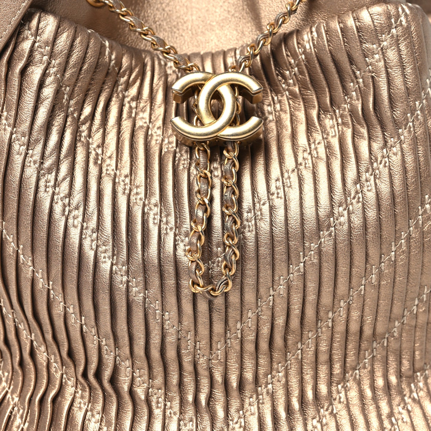 Metallic Lambskin Coco Pleats Drawstring Bag Gold