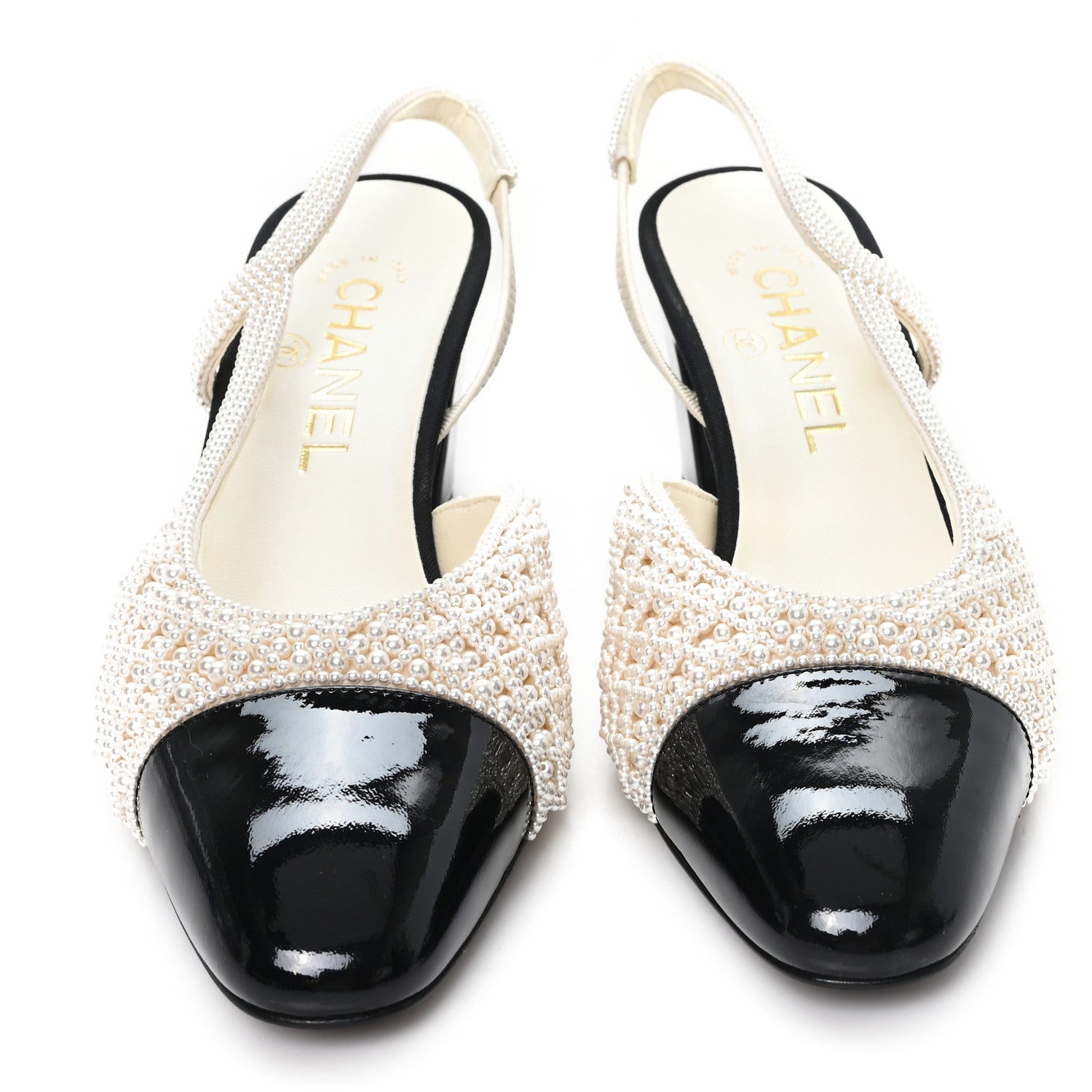 Chanel Pearl Patent Cap Toe CC Slingback Pumps 37 Ivory Black 3 of 10