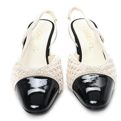 Chanel Pearl Patent Cap Toe CC Slingback Pumps 37 Ivory Black 3 of 10