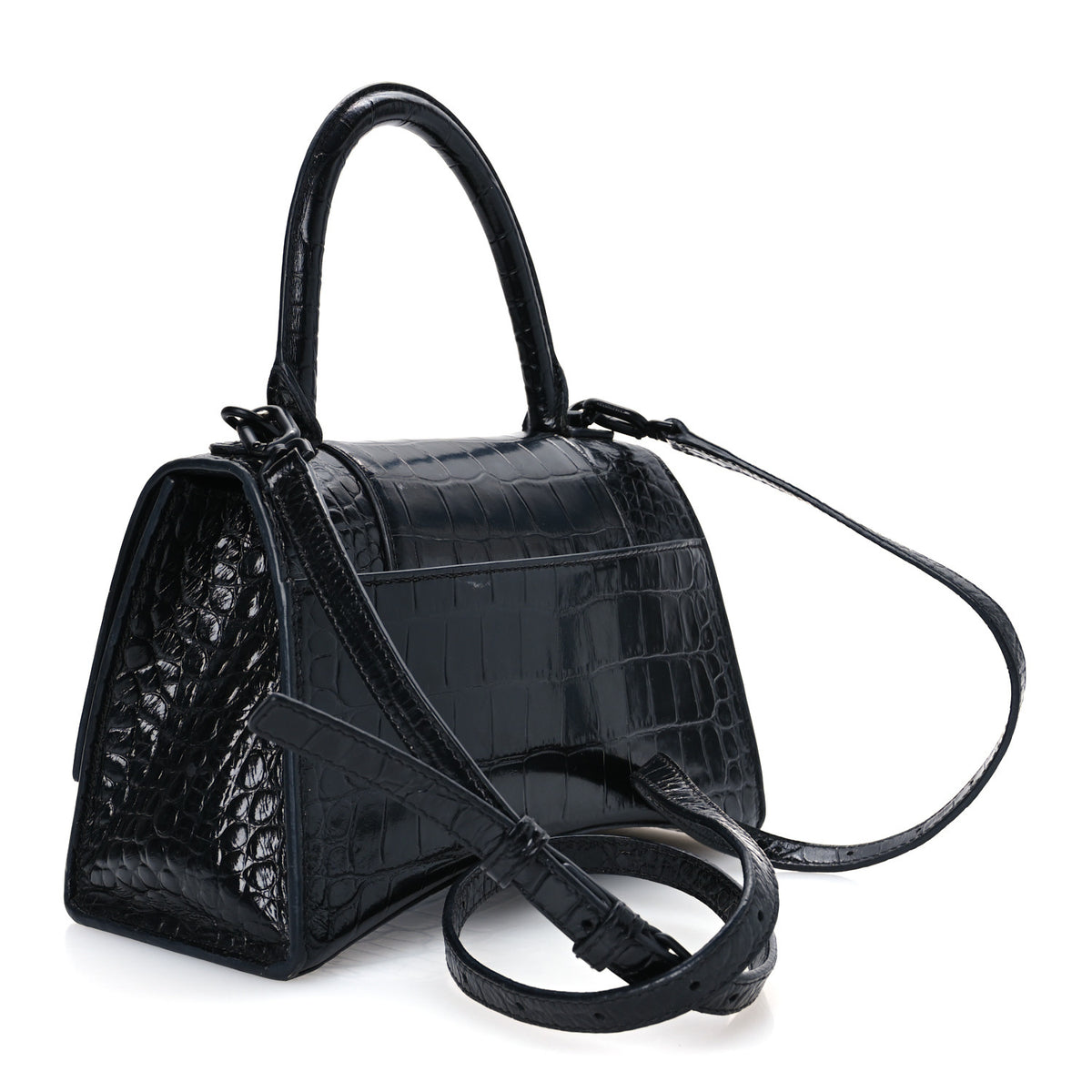 Balenciaga Shiny Calfskin Monochrome Crocodile Embossed Small Hourglass Top Handle Bag Black 3 of 14
