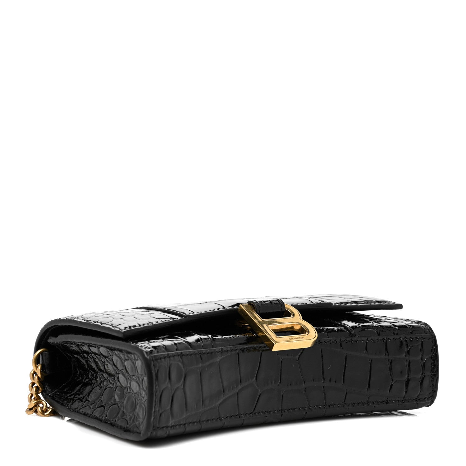 Balenciaga Shiny Calfskin Crocodile Embossed Hourglass Chain Bag Black 3 of 8