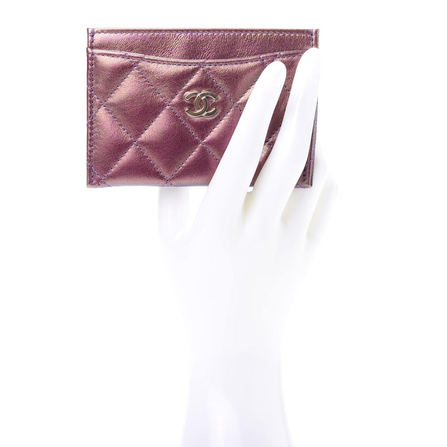Metallic Lambskin Quilted Card Holder Purple