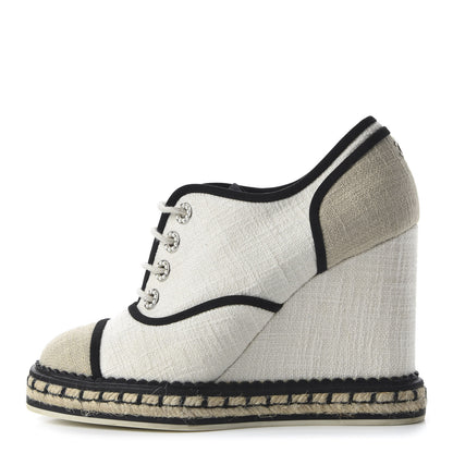 Chanel Raffia Lace Up Wedge Espadrilles 37 Beige 1 of 9