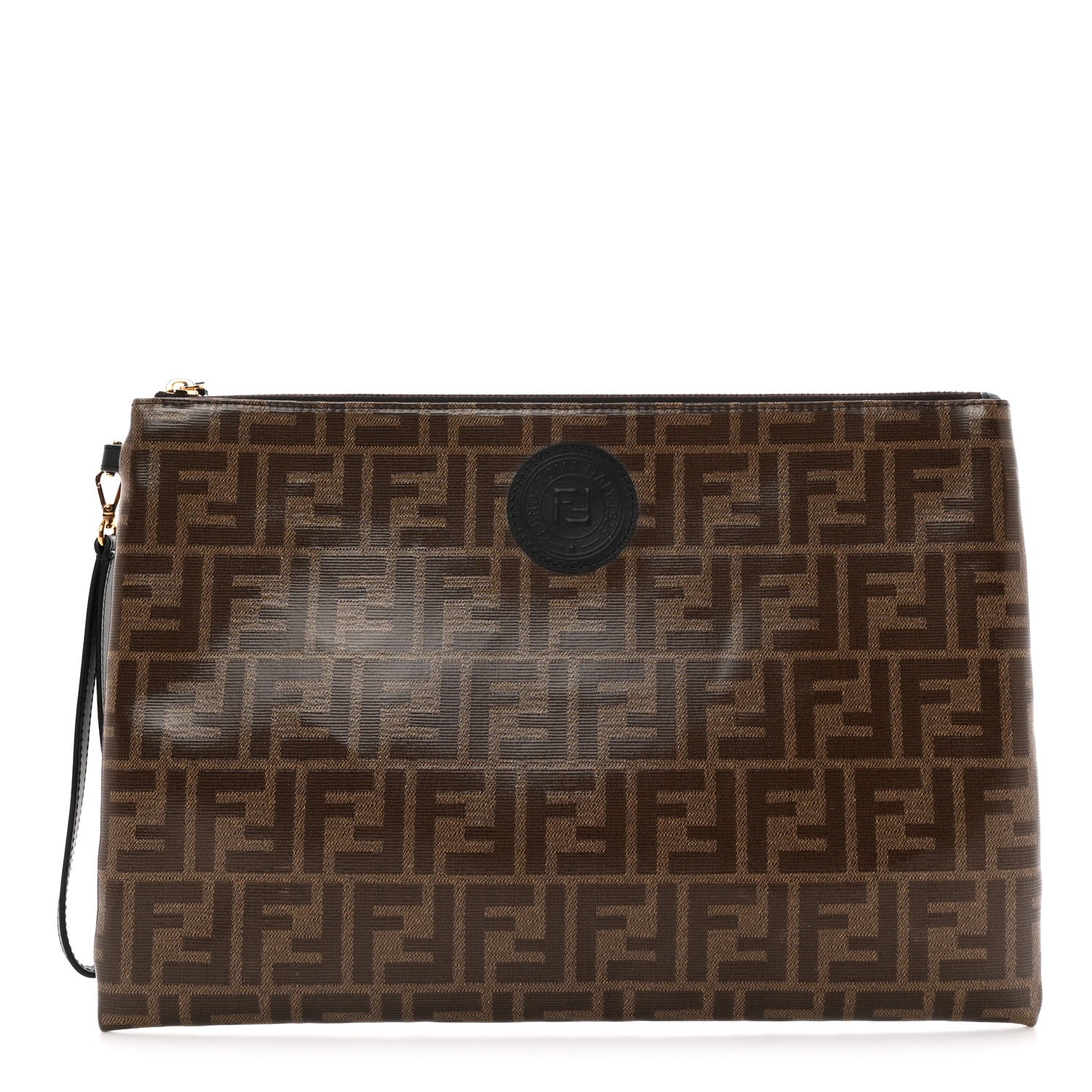 Fendi Glazed Fabric Vitello Century FF 1974 Stamp Patch Large Flat Pouch Mogano Panna Black 1 of 8