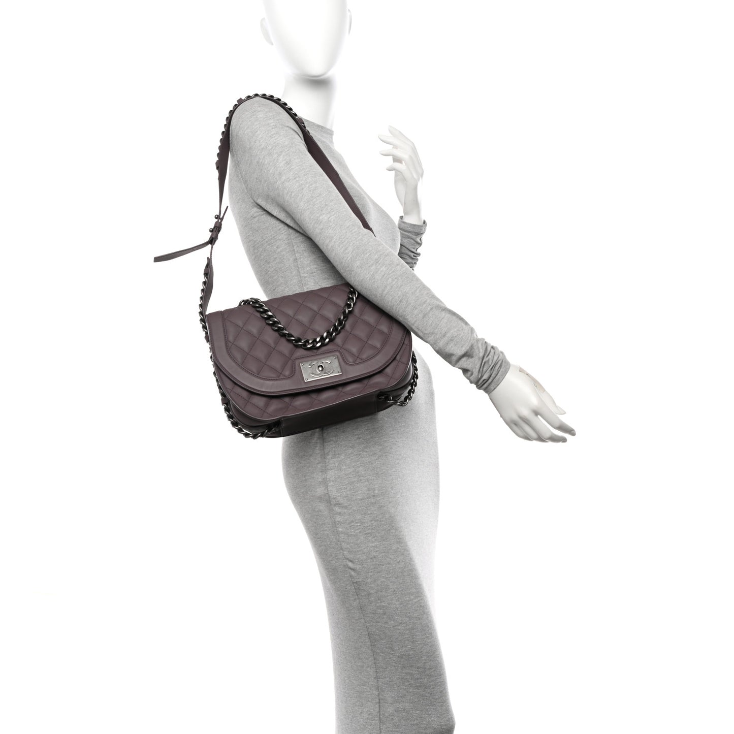 Calfskin Quilted Large Double Chained Messenger Flap Grey