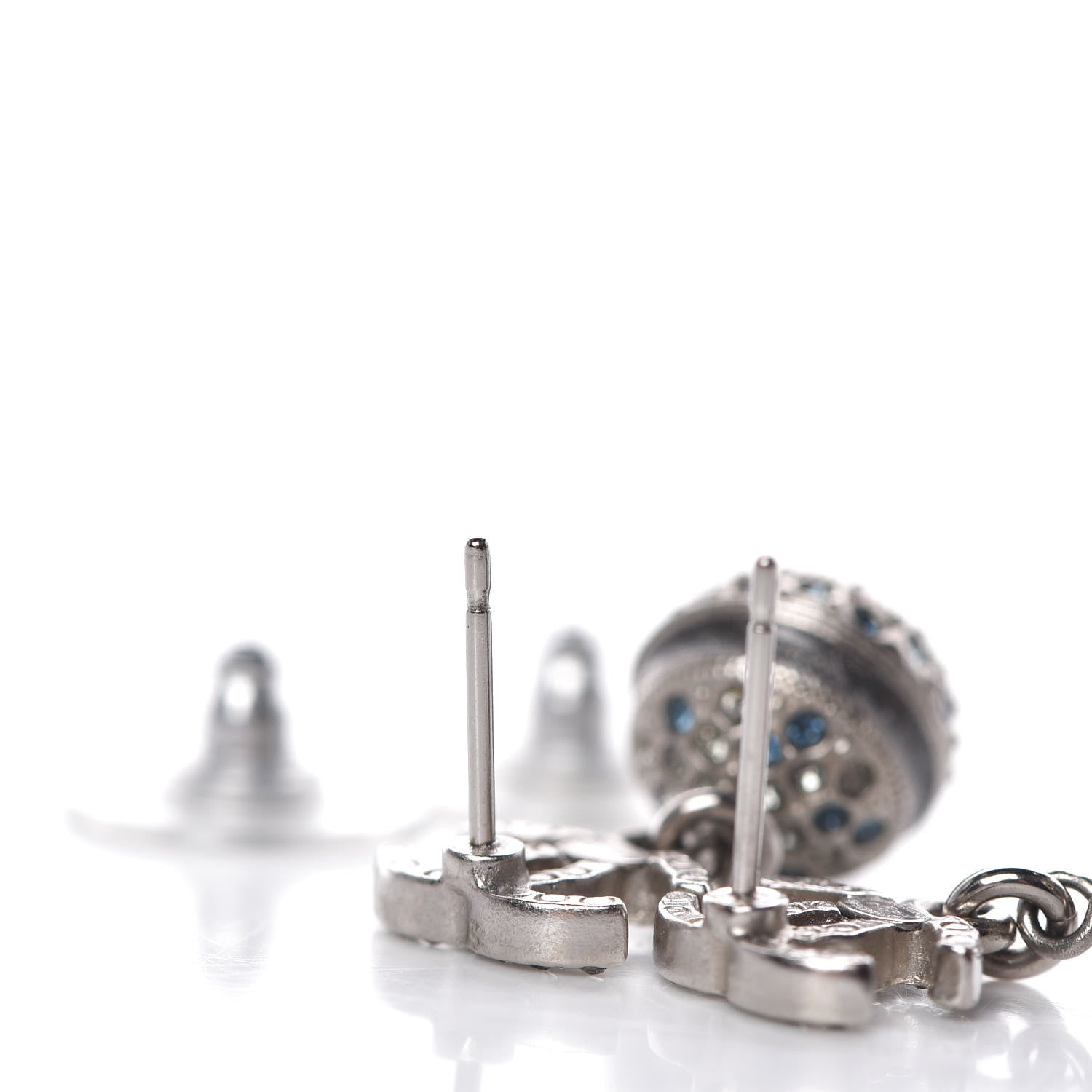 Chanel Crystal CC Drop Earrings Blue Silver 3 of 5