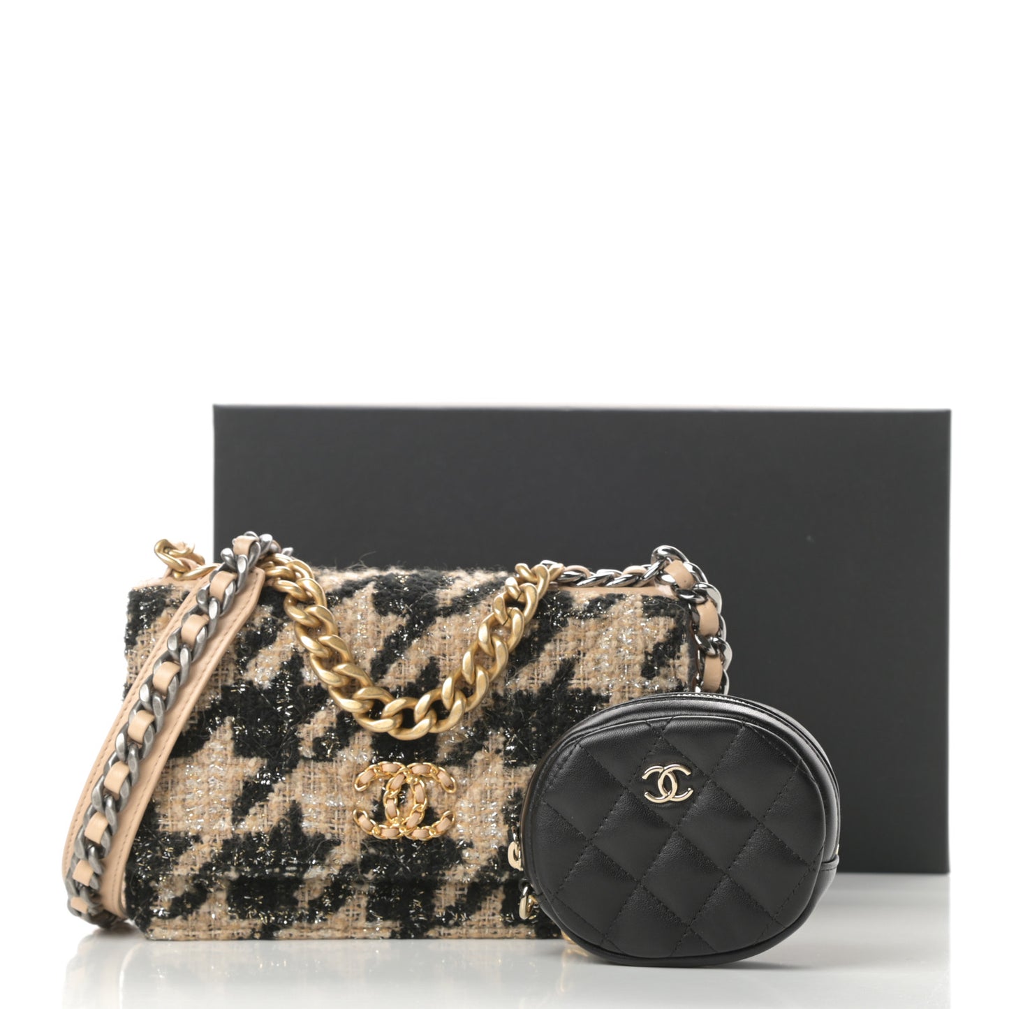 Wool Tweed Lambskin Quilted Chanel 19 Wallet On Chain WOC and Coin Purse Beige Black
