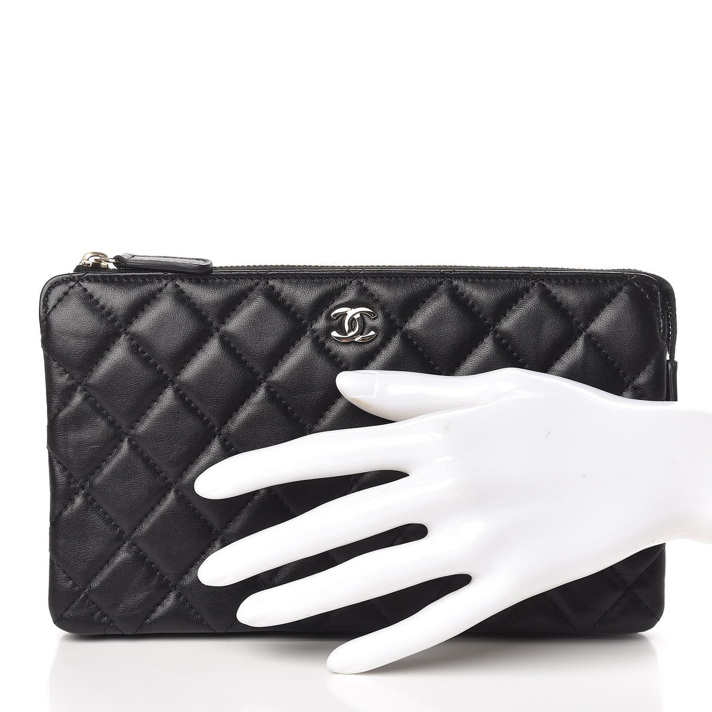 Lambskin Quilted Large Zipped Clutch Black