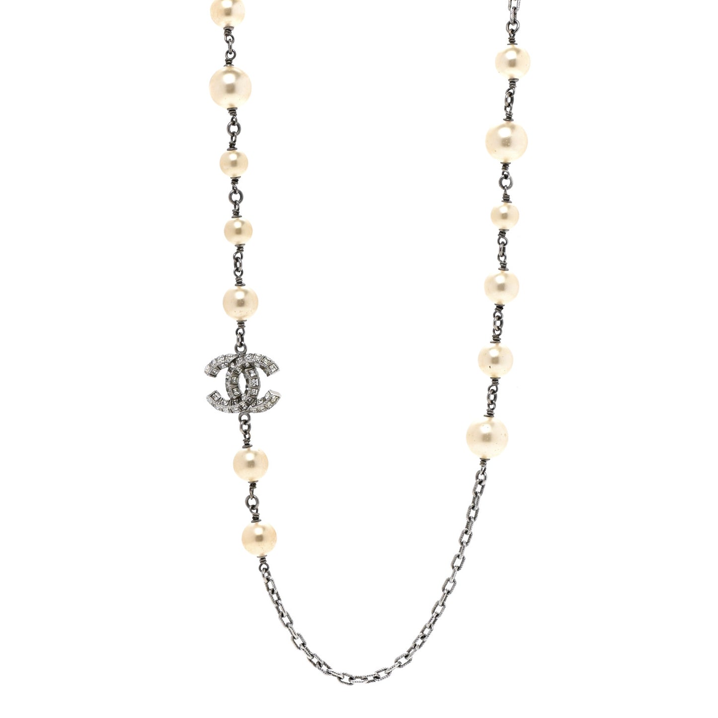 Pearl Baguette Crystal CC Long Necklace Silver