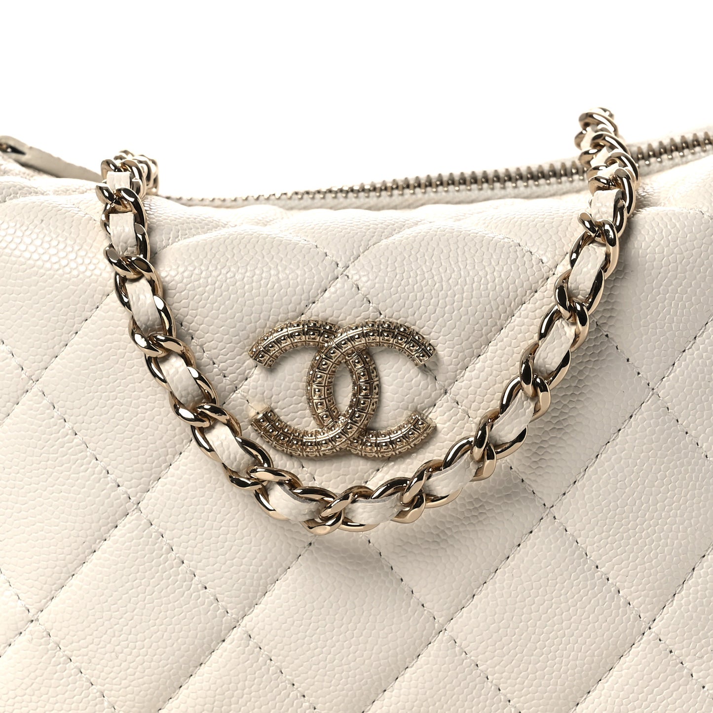 Caviar Quilted Hobo Clutch With Chain White