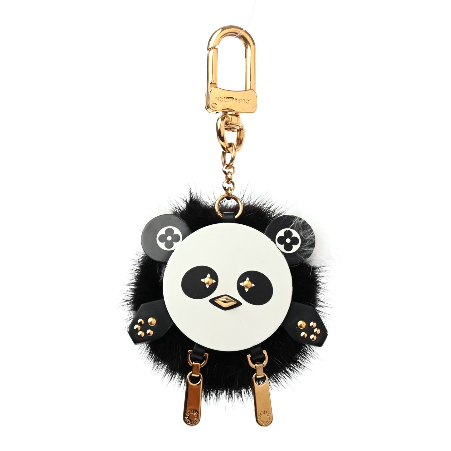 Calfskin Mink Fur Panda Bag Charm Key Holder Black