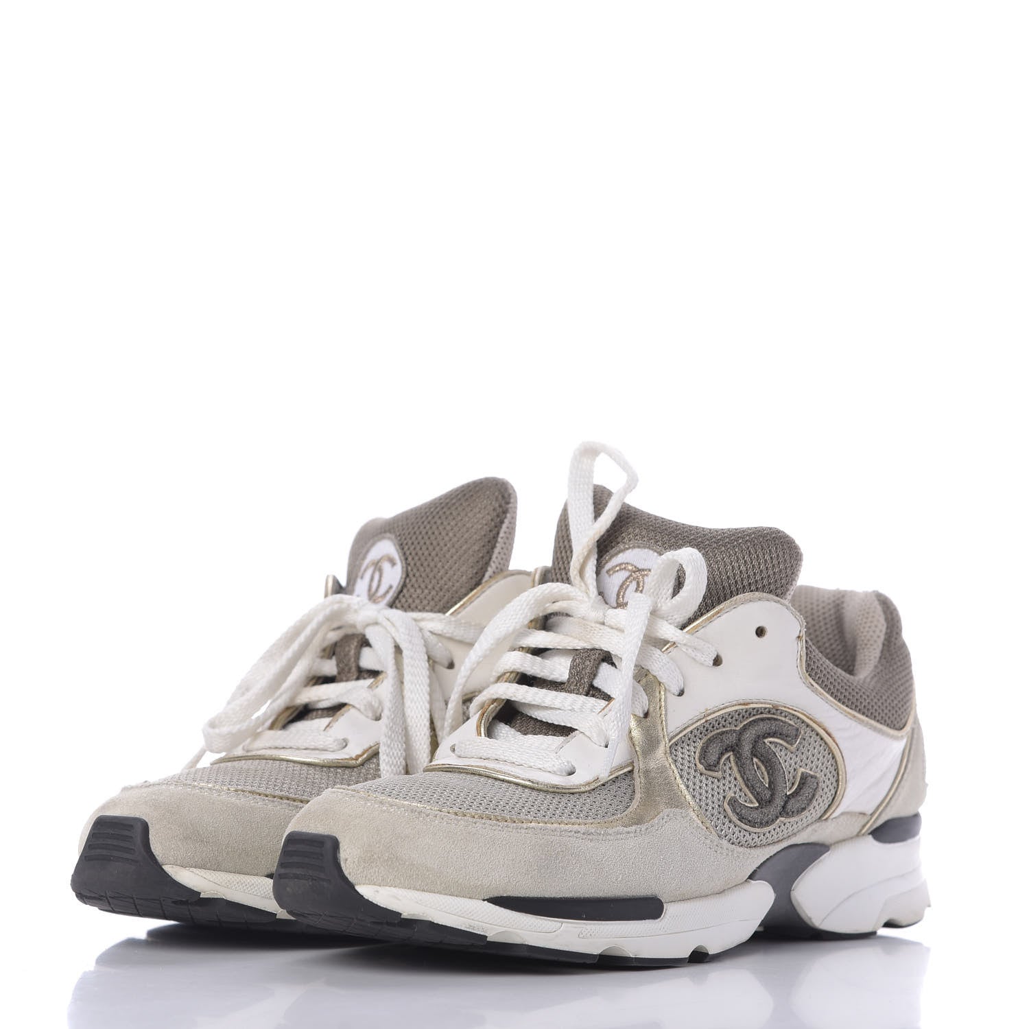 Chanel Suede Calfskin CC Sneakers 37.5 Beige Gold 2 of 12