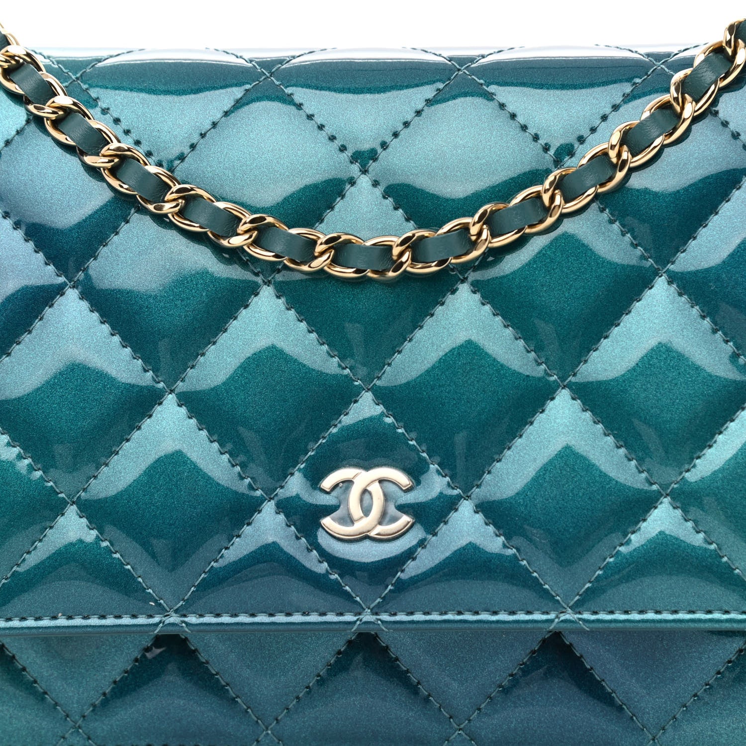 Chanel Shaded Patent Calfskin Quilted Wallet On Chain WOC Green Blue 9 of 12