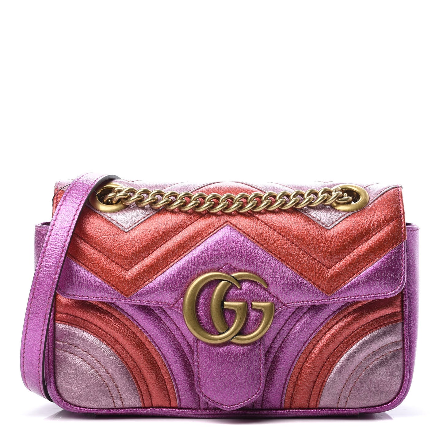 Metallic Calfskin Matelasse Mini GG Marmont Shoulder Bag Fuchsia