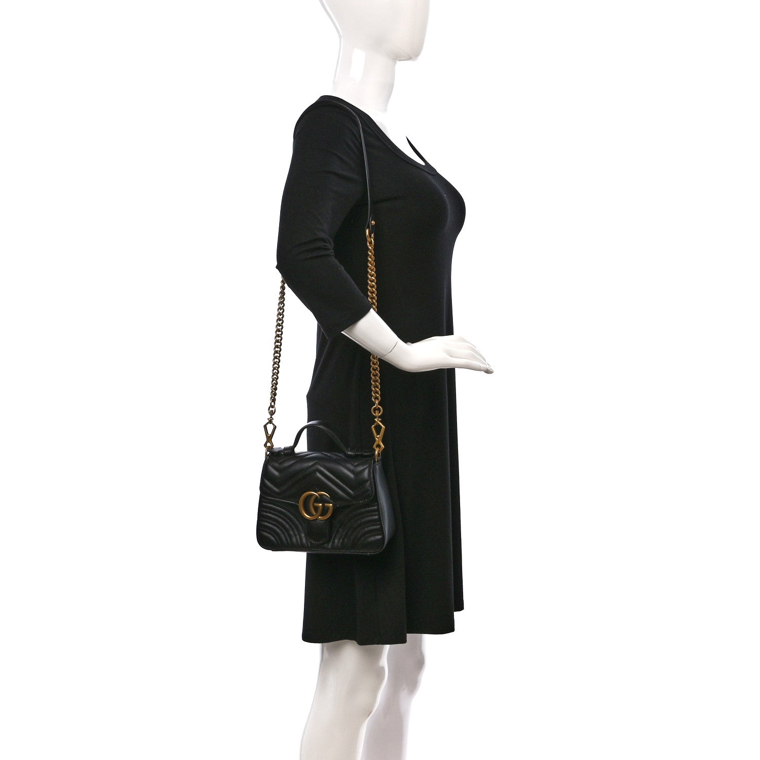 Gucci Calfskin Matelasse Mini GG Marmont Top Handle Shoulder Bag Black 2 of 10