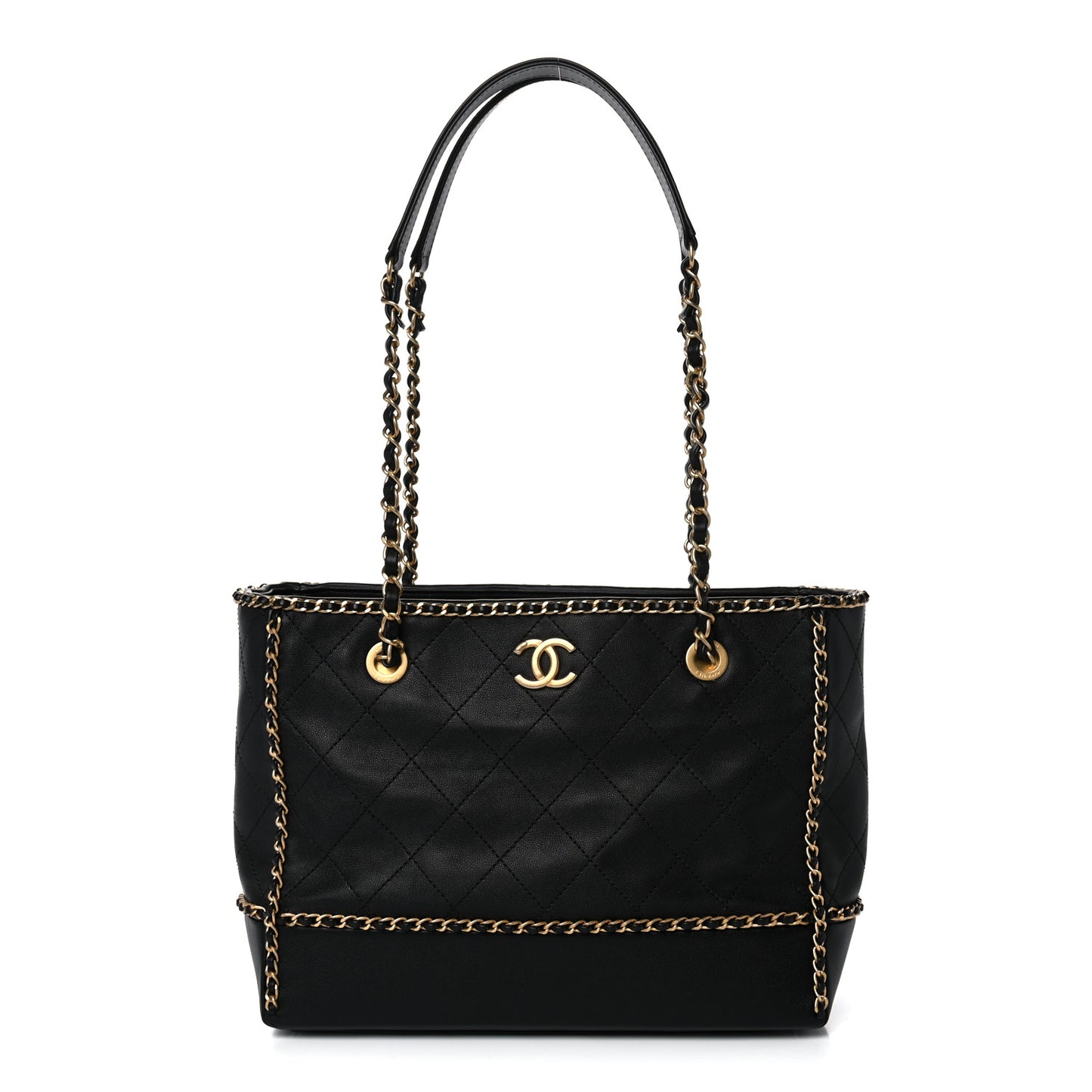 Calfskin Quilted Chain Lines Shopping Tote Black