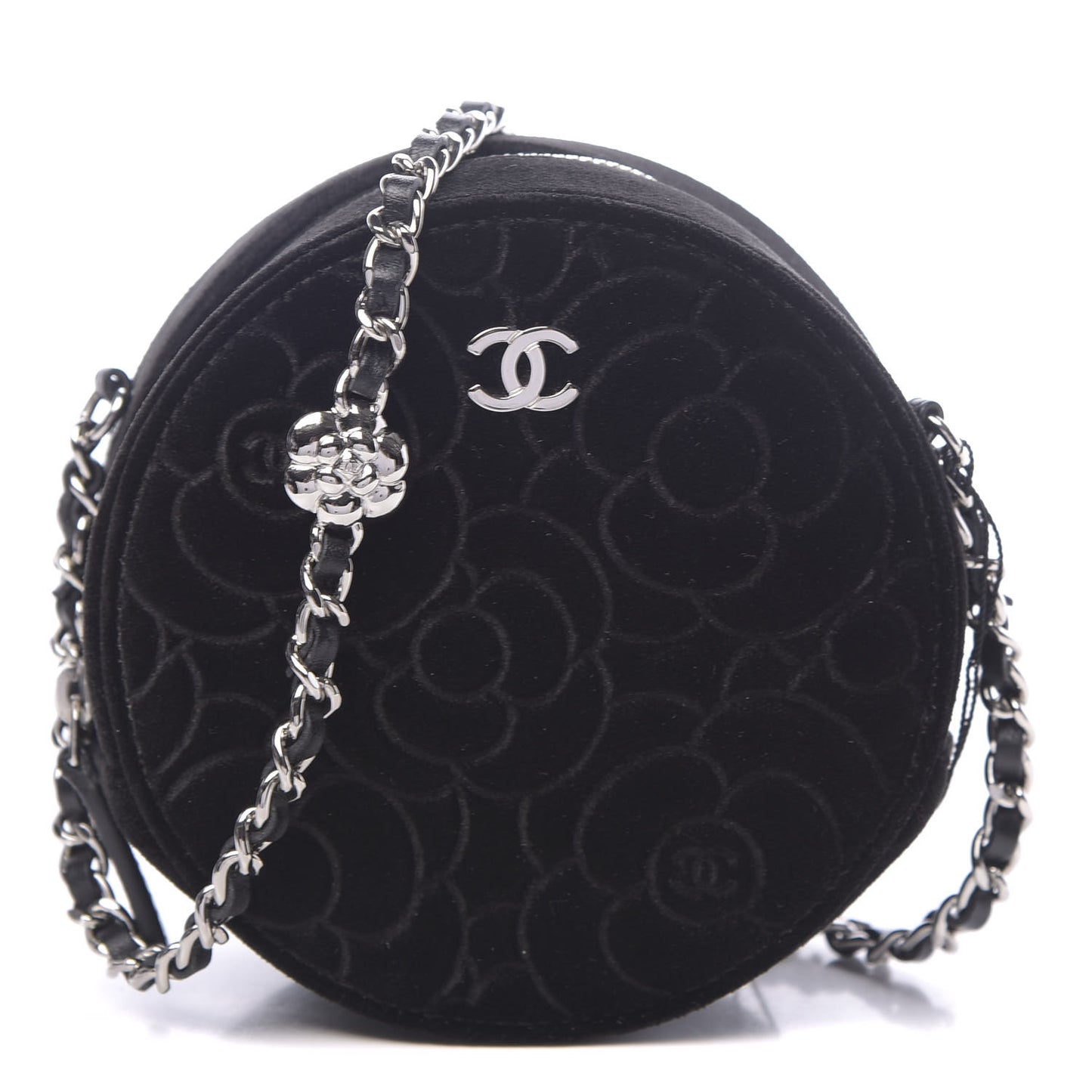 Velvet Camellia Round Clutch With Chain Black