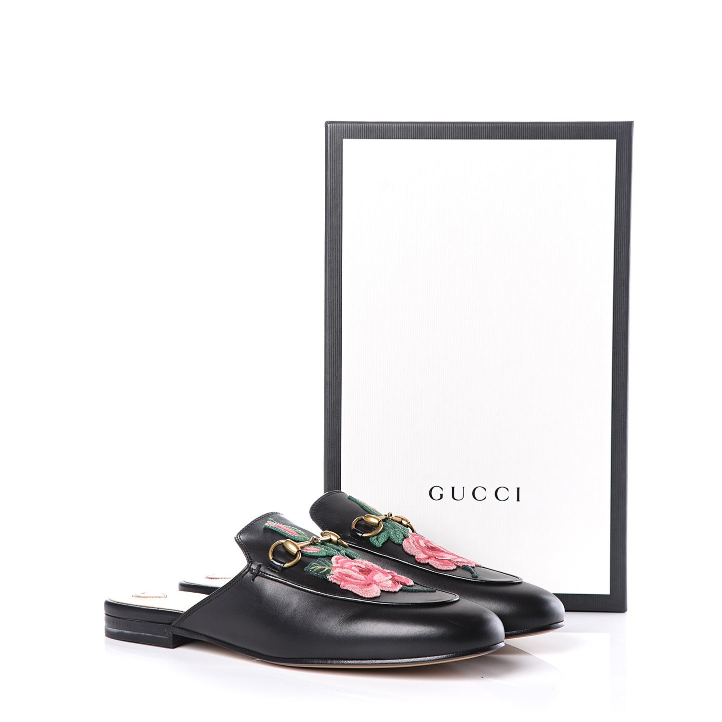 Calfskin Flower Embroidered Princetown Slippers 40 Black