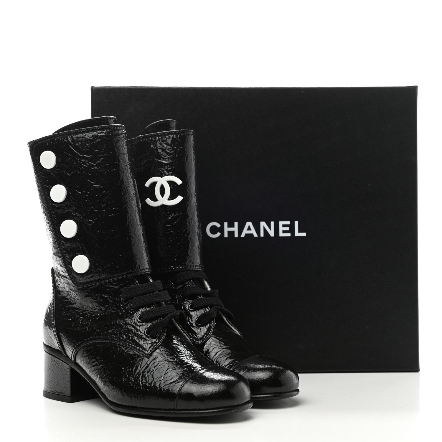 Chanel Patent Goatskin Cap Toe CC Lace Up Boots 35.5 Black 9 of 9