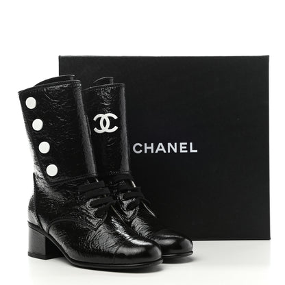 Chanel Patent Goatskin Cap Toe CC Lace Up Boots 35.5 Black 9 of 9