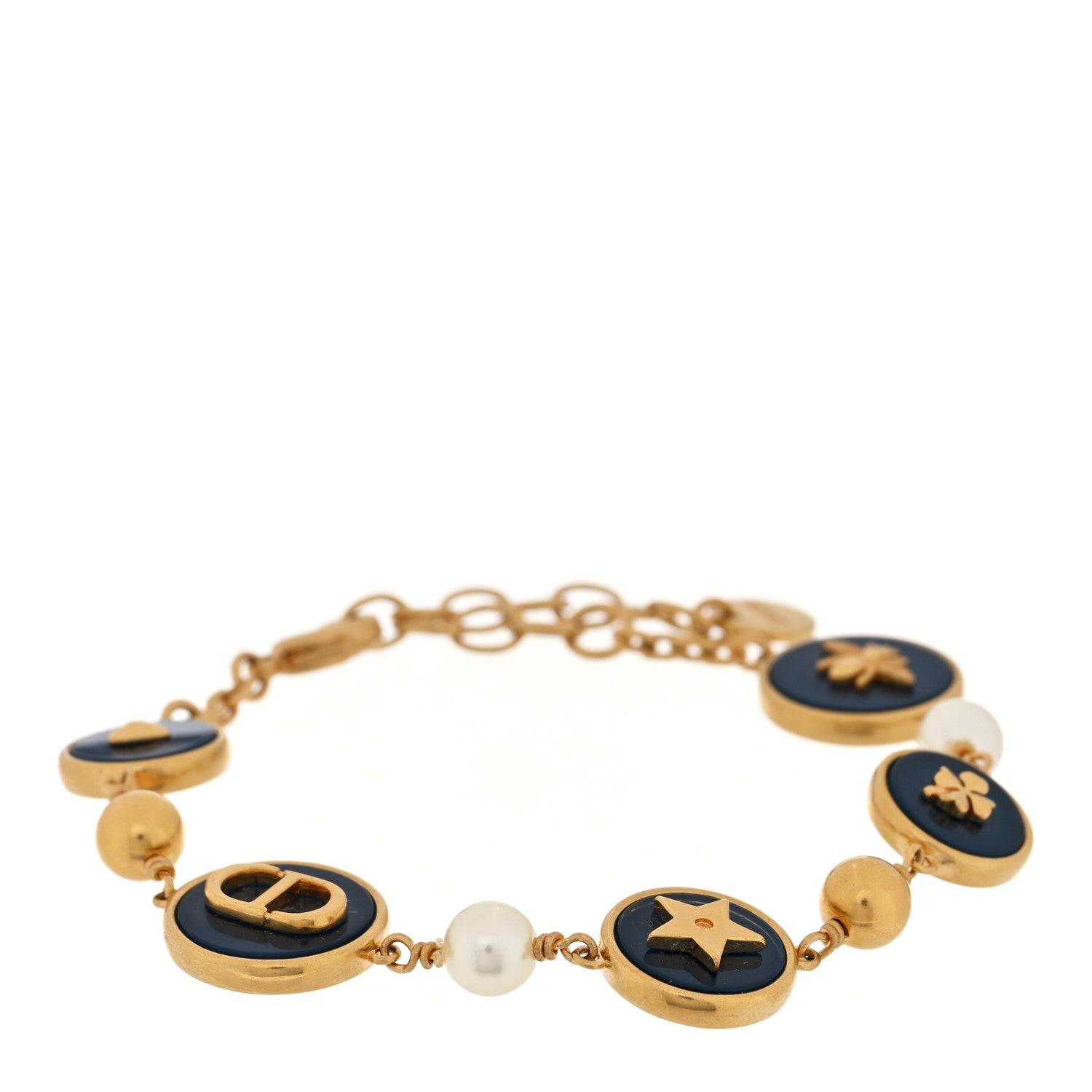 Christian Dior Metal Resin Pearl D-Luck Bracelet Gold Navy 1 of 5