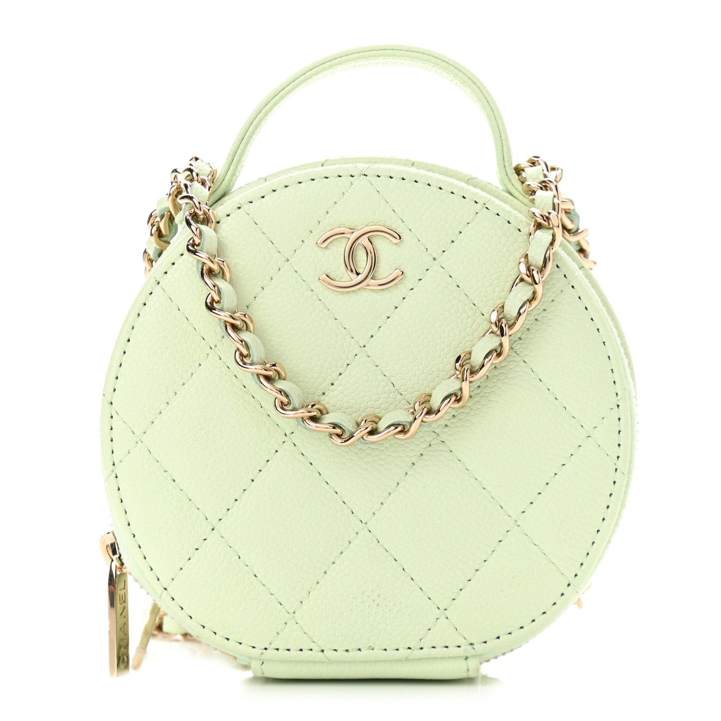 Caviar Quilted Round Handle With Care Vanity With Chain Light Green