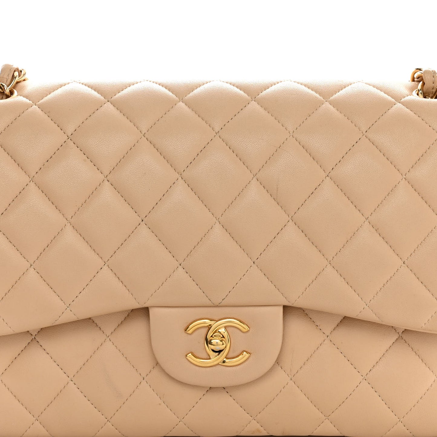Lambskin Quilted Jumbo Double Flap Beige