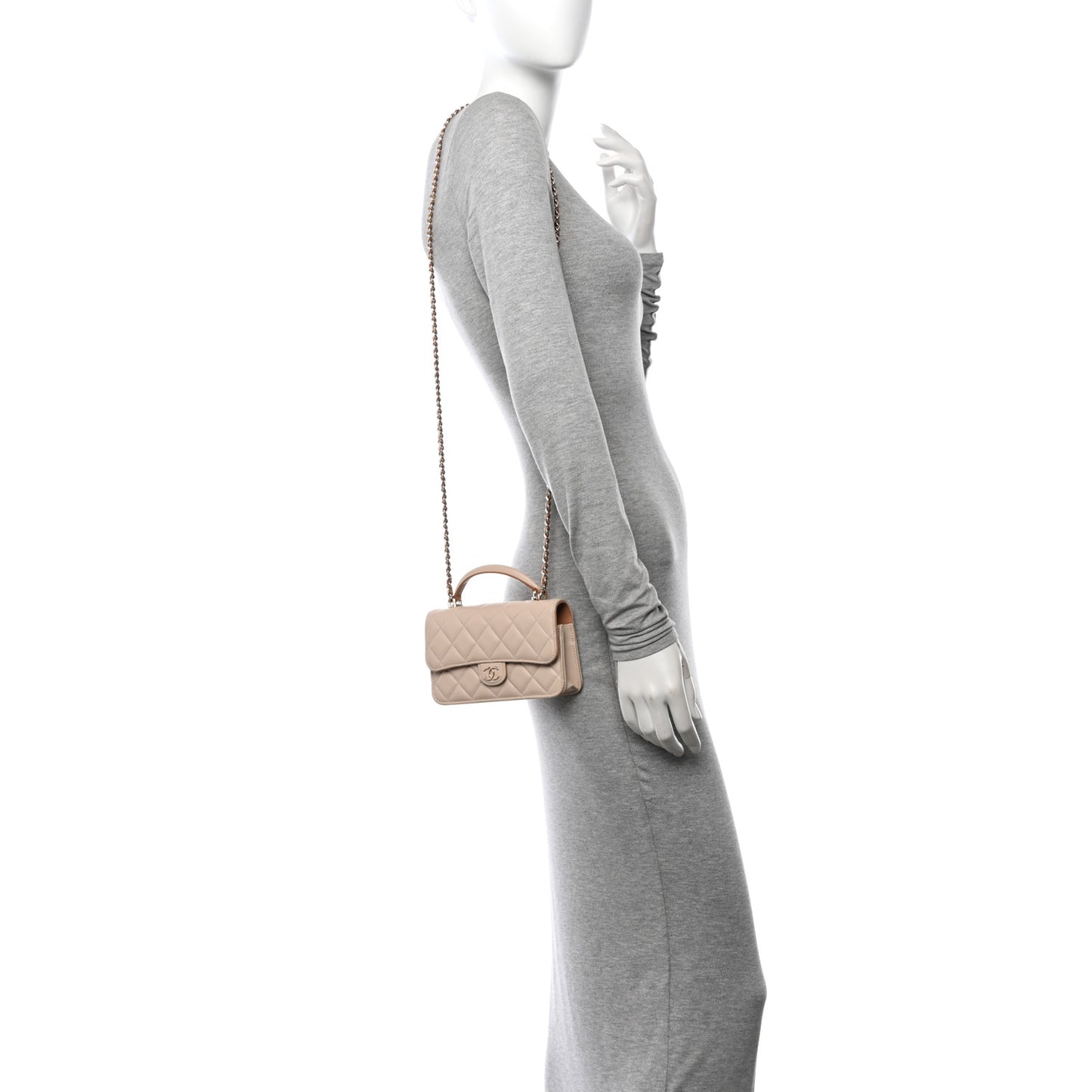 Lambskin Quilted Flap Phone Holder With Chain Beige Brown