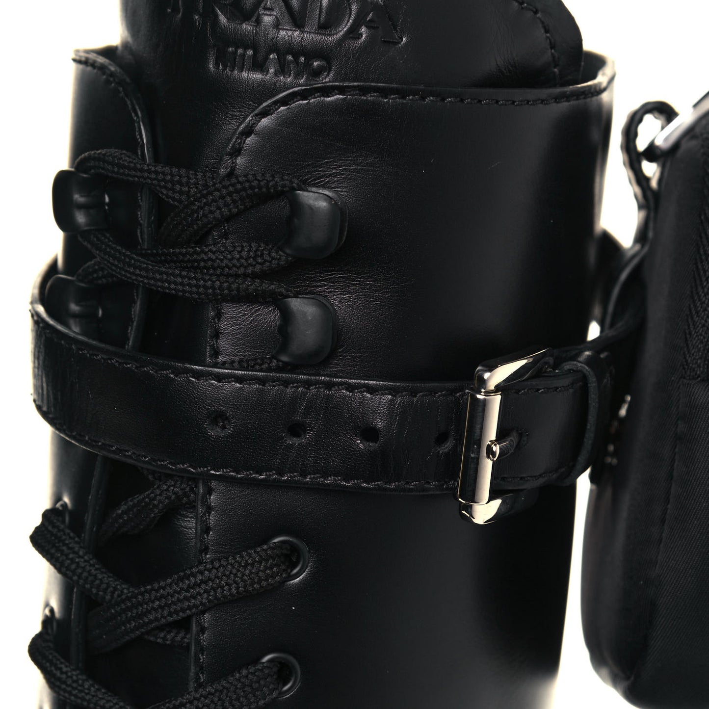 Vitello Lux Nylon Metal Triangle Logo Monolith Pouch Pocket 55mm Tall Combat Boots 40.5 Black